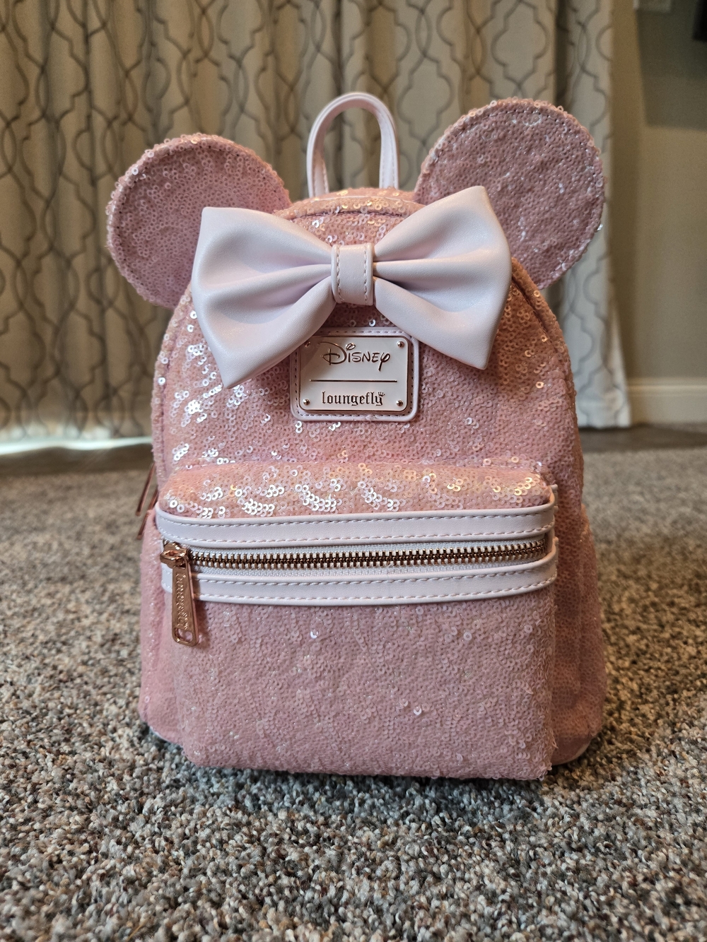 Disney Loungefly Pink Sequin Minnie Ear Mini Backpack with Headband Bow